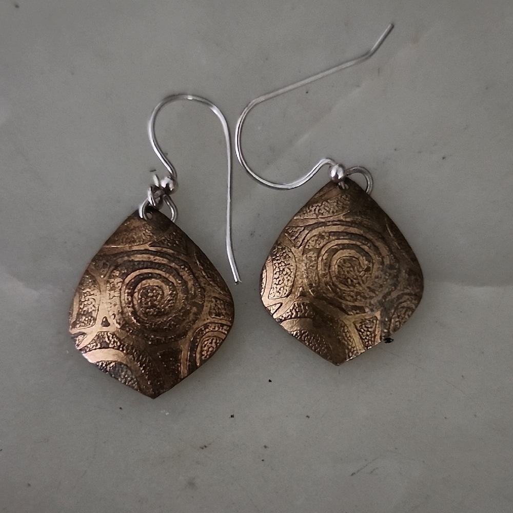 Artisanal Copper Teardrop Dangle Earrings Etched Tribal Design
